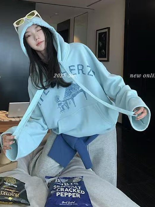 韓版加絨加厚連帽衛衣外套女冬季美式復古寬松慵懶風印花長袖上衣26010503