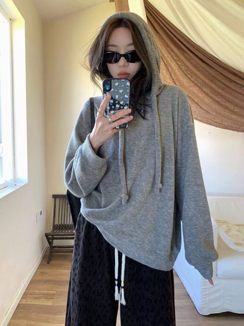 韓版毛圈針織連帽廓形軟糯衛衣女秋冬季落肩寬松顯瘦長袖上衣26010502