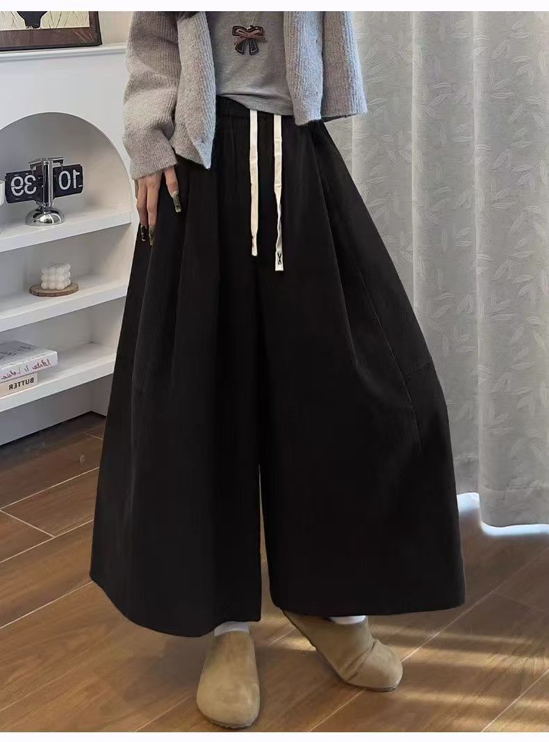 韓版梨形身材設計感燈芯絨闊腿褲女秋冬加絨寬松九分韓版氣質顯瘦褲裙26012202