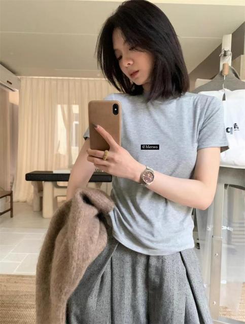 韓版疊疊樂白色T恤女遮斜方肌微高領早秋新款休閒短袖內搭上衣26022304