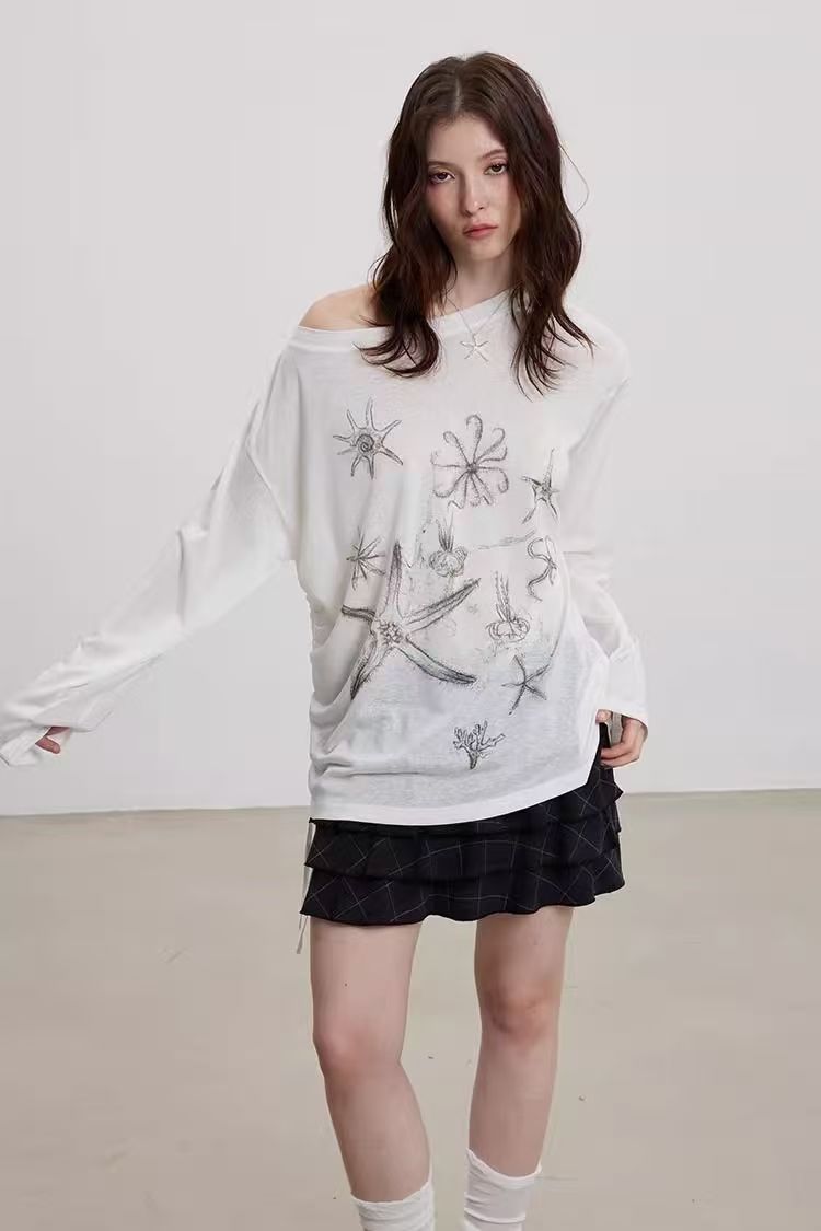 韓版幸運海星燙鑽印花長袖T恤女夏季新款寬松慵懶風海邊罩衫防曬上衣26022601