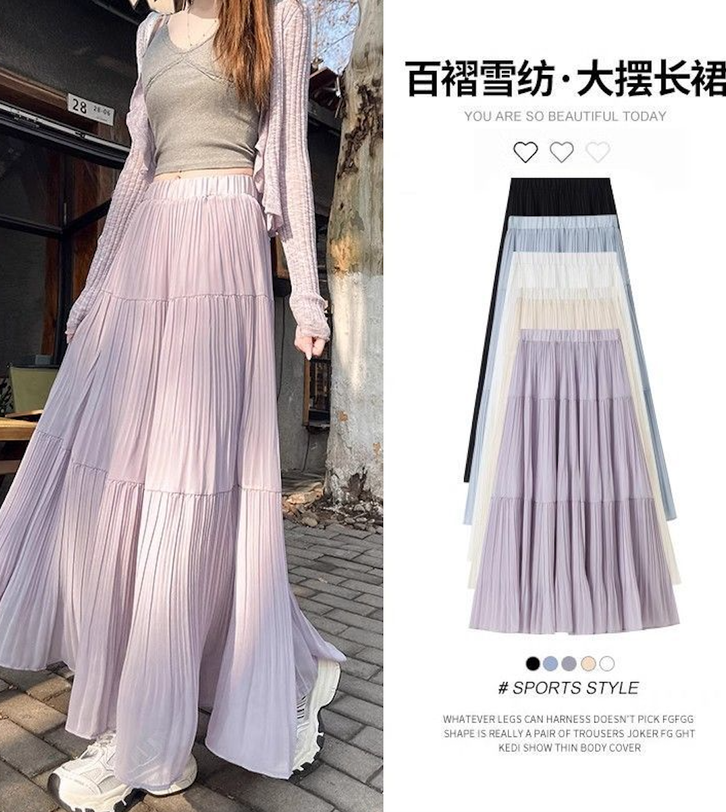韓版清新雪紡春夏壓褶垂感飄逸半身裙女A字大擺裙女26022703