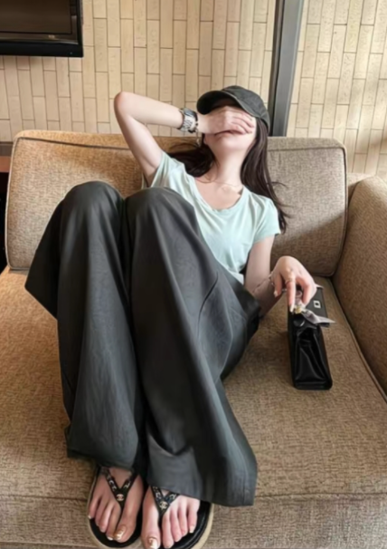 韓系美式復古高腰工裝褲女mm抽繩設計寬松休閒闊腿拖地長褲26032004