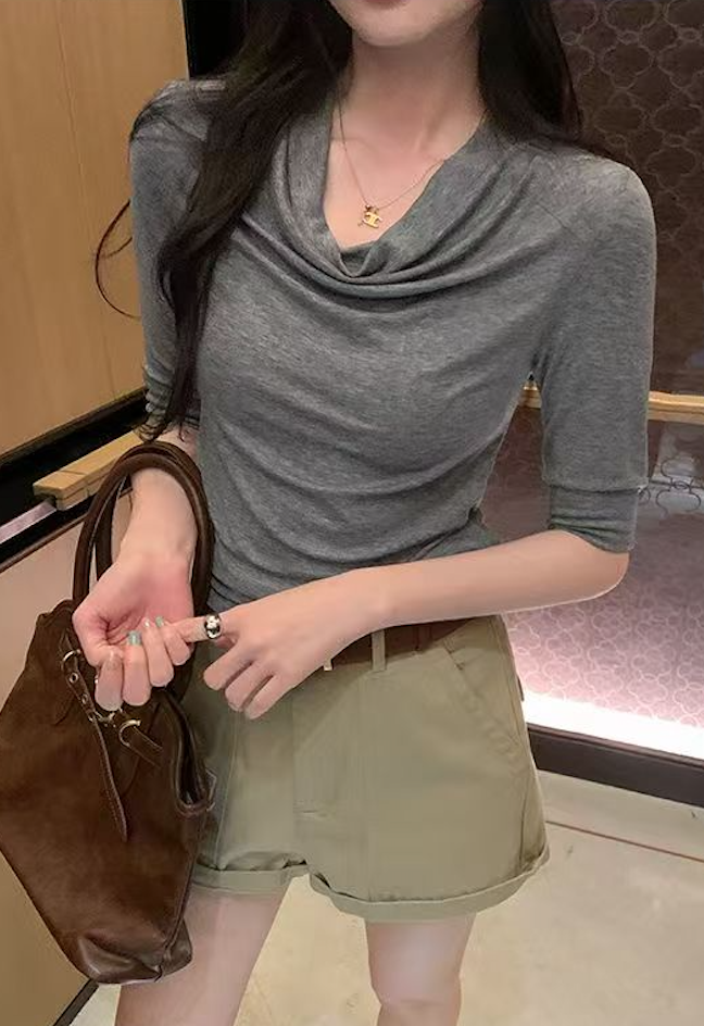 韓系甜酷高級感萊賽爾灰色蕩領打底衫T恤女秋新款內搭五分袖上衣26032101