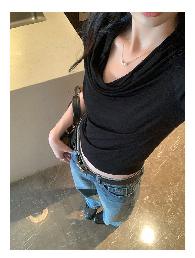 韓系甜酷高級感萊賽爾灰色蕩領打底衫T恤女秋新款內搭五分袖上衣26032101