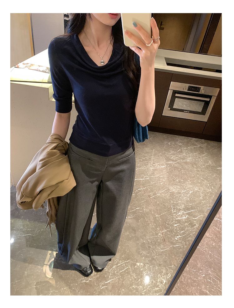韓系甜酷高級感萊賽爾灰色蕩領打底衫T恤女秋新款內搭五分袖上衣26032101