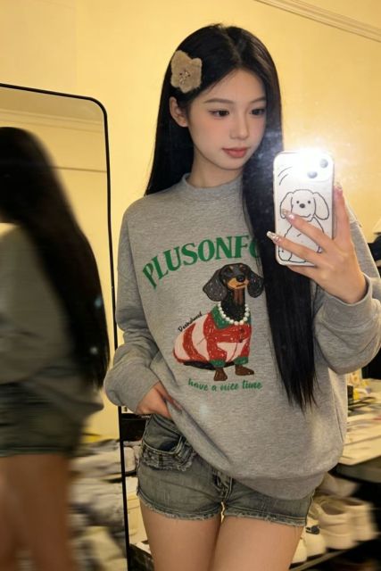 韓系可愛風小狗印花休閒圓領套頭衛衣寬松顯瘦上衣女26033103