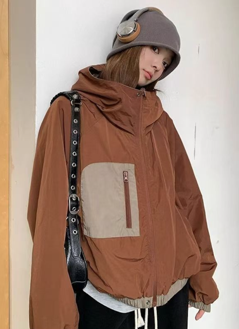 韓系衝鋒衣外套女秋季新款韓版寬松小個子百搭開衫連帽夾克上衣26040203