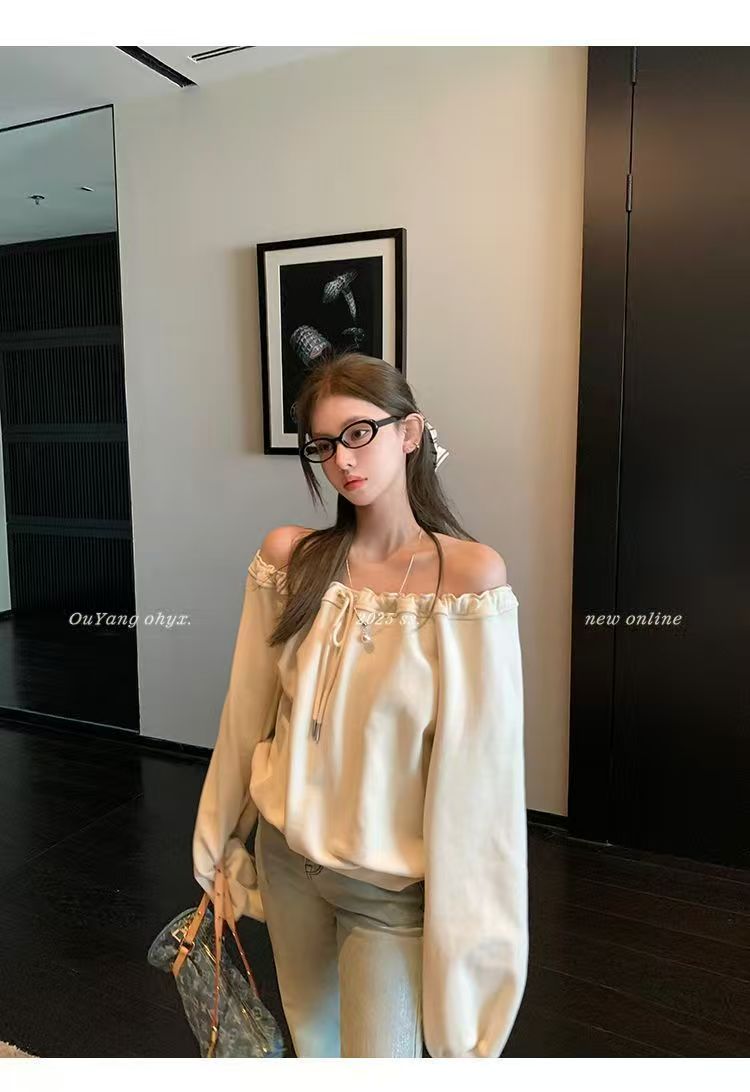 韓系法式慵懶斜肩抽繩衛衣女秋季新款長袖時尚小眾設計寬松露肩上衣26040302