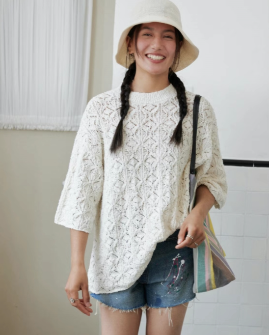 韓系新款春夏季寬松鏤空條紋針織衫親膚透氣舒適鬆弛感日系百搭女短袖26042002