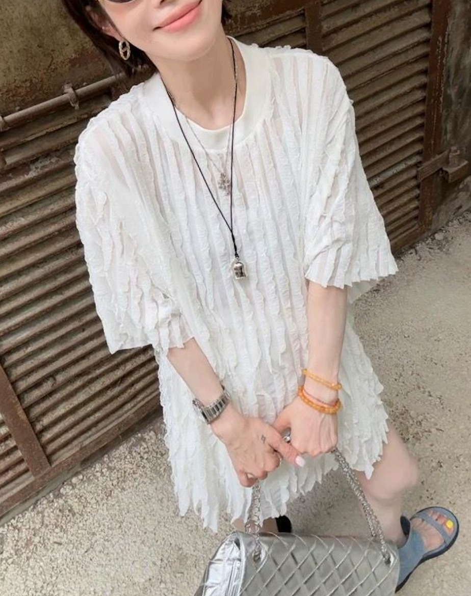 韓系夏季設計感氣質寬松短袖T恤洋氣木耳邊中長款上衣226042004