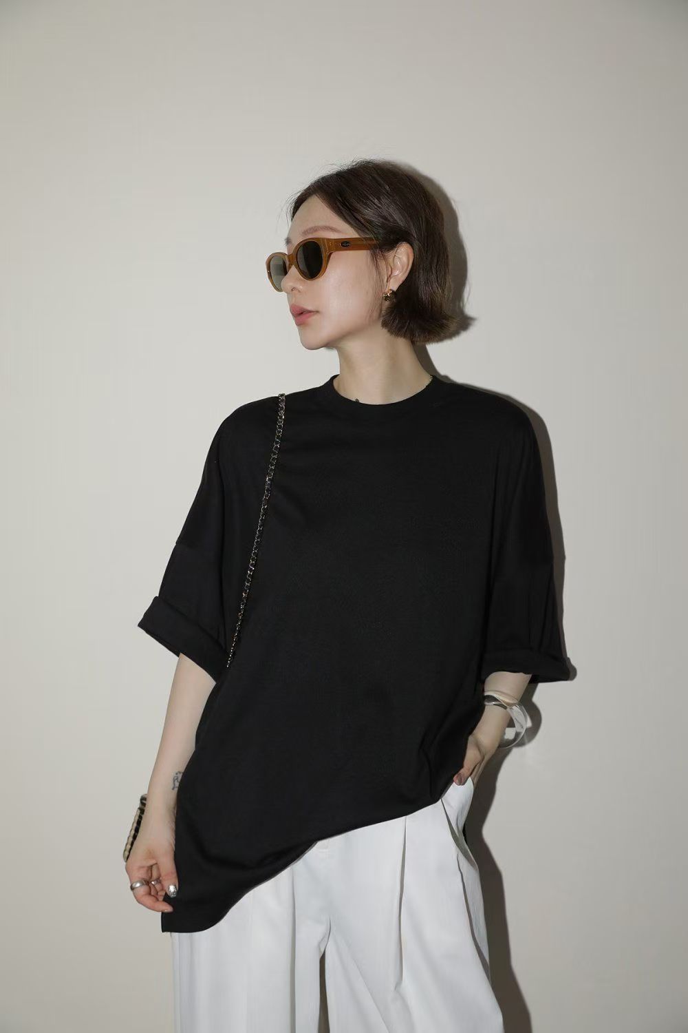 韓系畫樸法式慵懶格雷系鬆弛感T恤女裝季新款開叉七分袖上衣26042001