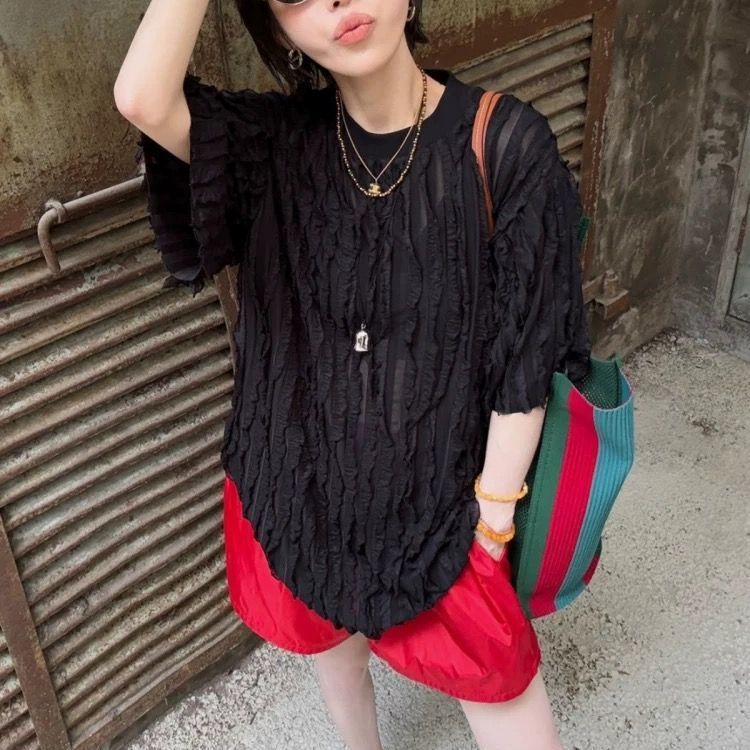 韓系夏季設計感氣質寬松短袖T恤洋氣木耳邊中長款上衣226042004