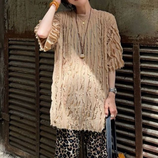 韓系夏季設計感氣質寬松短袖T恤洋氣木耳邊中長款上衣226042004