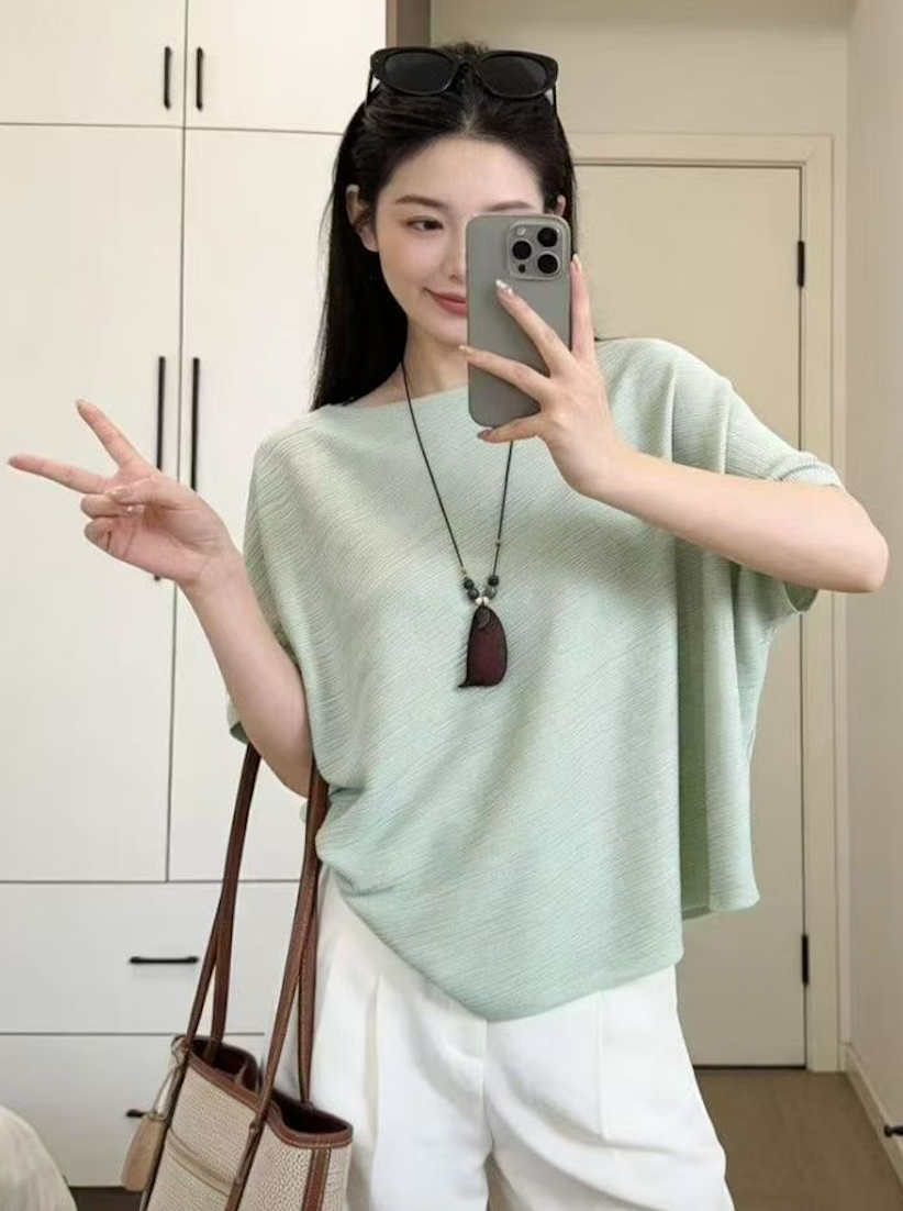 韓系極簡風夏季蝙蝠袖一字領針織衫女薄荷綠寬松百搭顯瘦冰絲上衣26042301