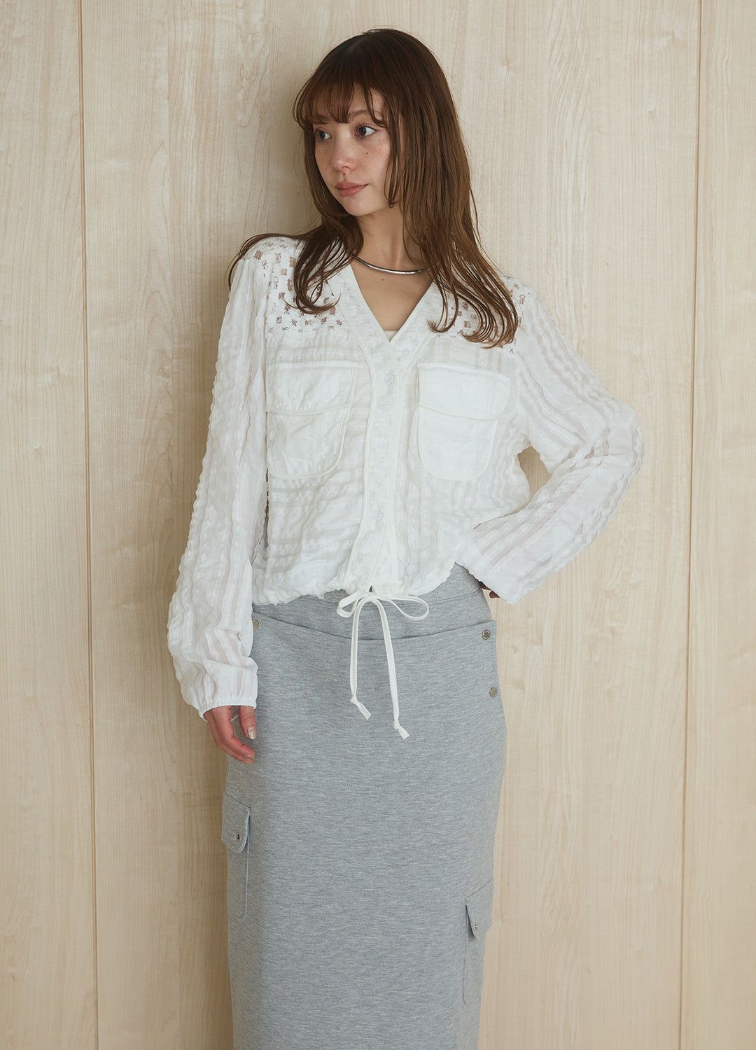 韓系春夏新款V領蕾絲拼接重工抽繩女蕾絲小開衫鏤空上衣26042303