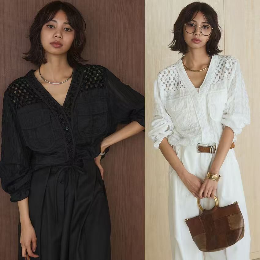 韓系春夏新款V領蕾絲拼接重工抽繩女蕾絲小開衫鏤空上衣26042303