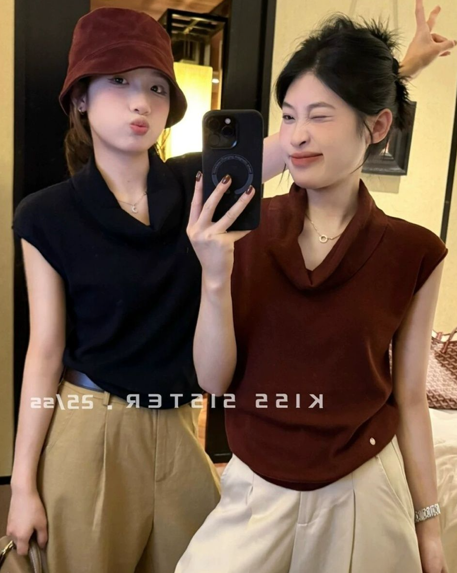 韓系性感蕩領針織衫女新款百搭洋氣內搭修身顯瘦無袖T恤上衣26042401