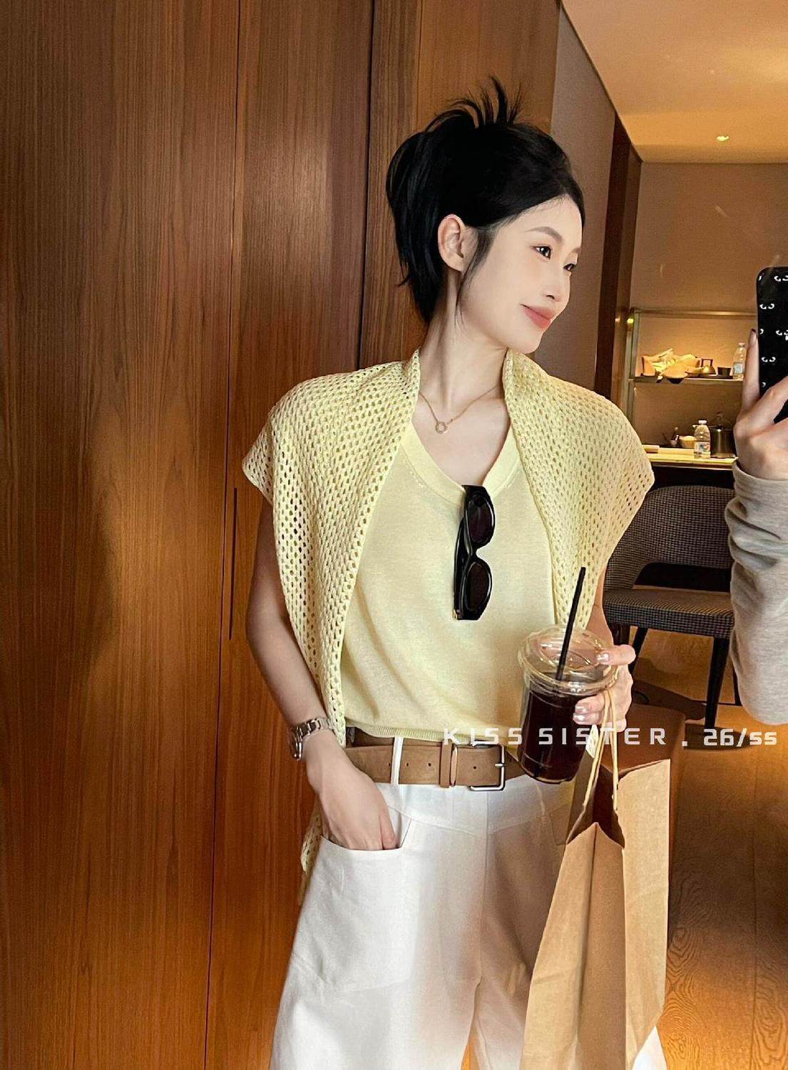 韓系老錢風時尚高級感薄款針織衫女夏季慵懶風上衣疊穿披肩兩件套26042402