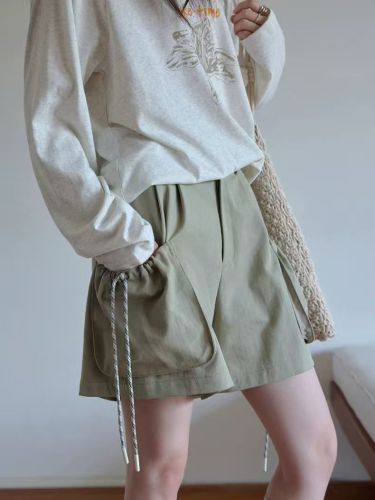 韓系高腰抽繩工裝短褲顯瘦百搭輕夏季大碼抽繩闊腿褲休閒褲短褲子26042404