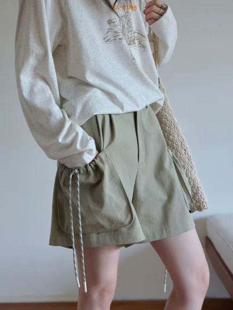 韓系高腰抽繩工裝短褲顯瘦百搭輕夏季大碼抽繩闊腿褲休閒褲短褲子26042404