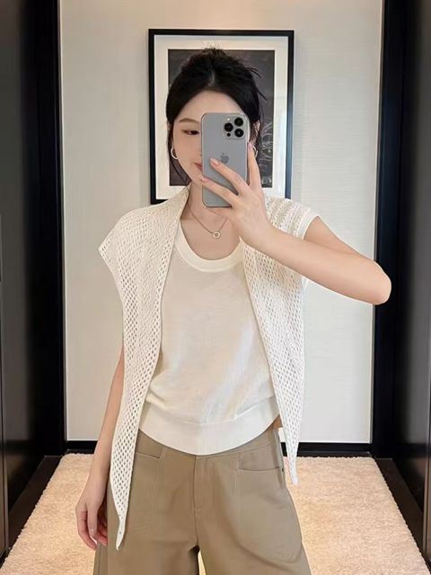 韓系老錢風時尚高級感薄款針織衫女夏季慵懶風上衣疊穿披肩兩件套26042402