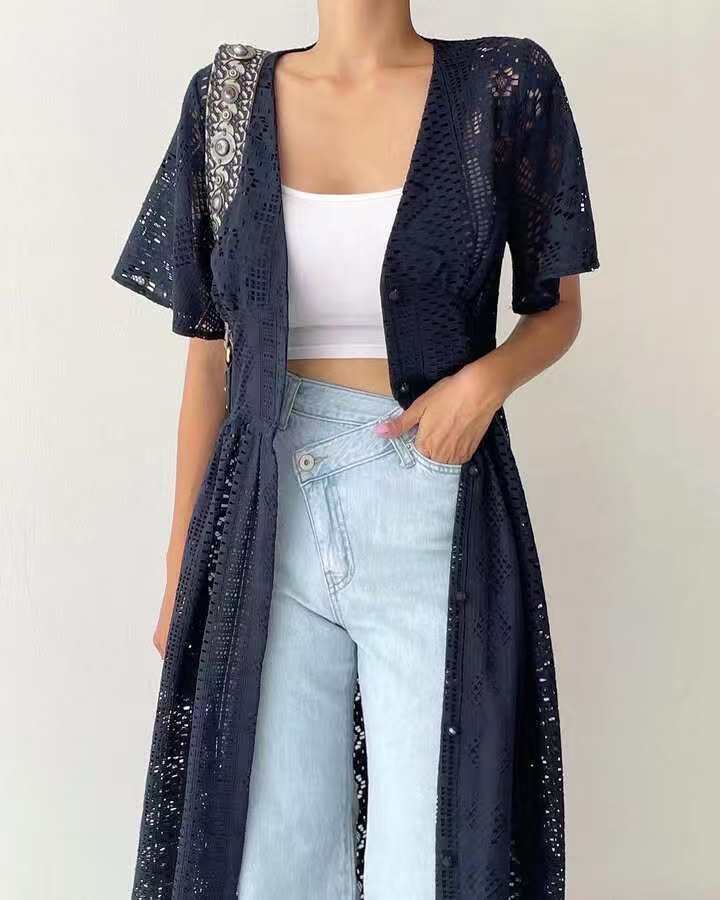 韓系鏤空鈎花蕾絲連衣裙女夏季設計感長款防曬開衫外套26042503