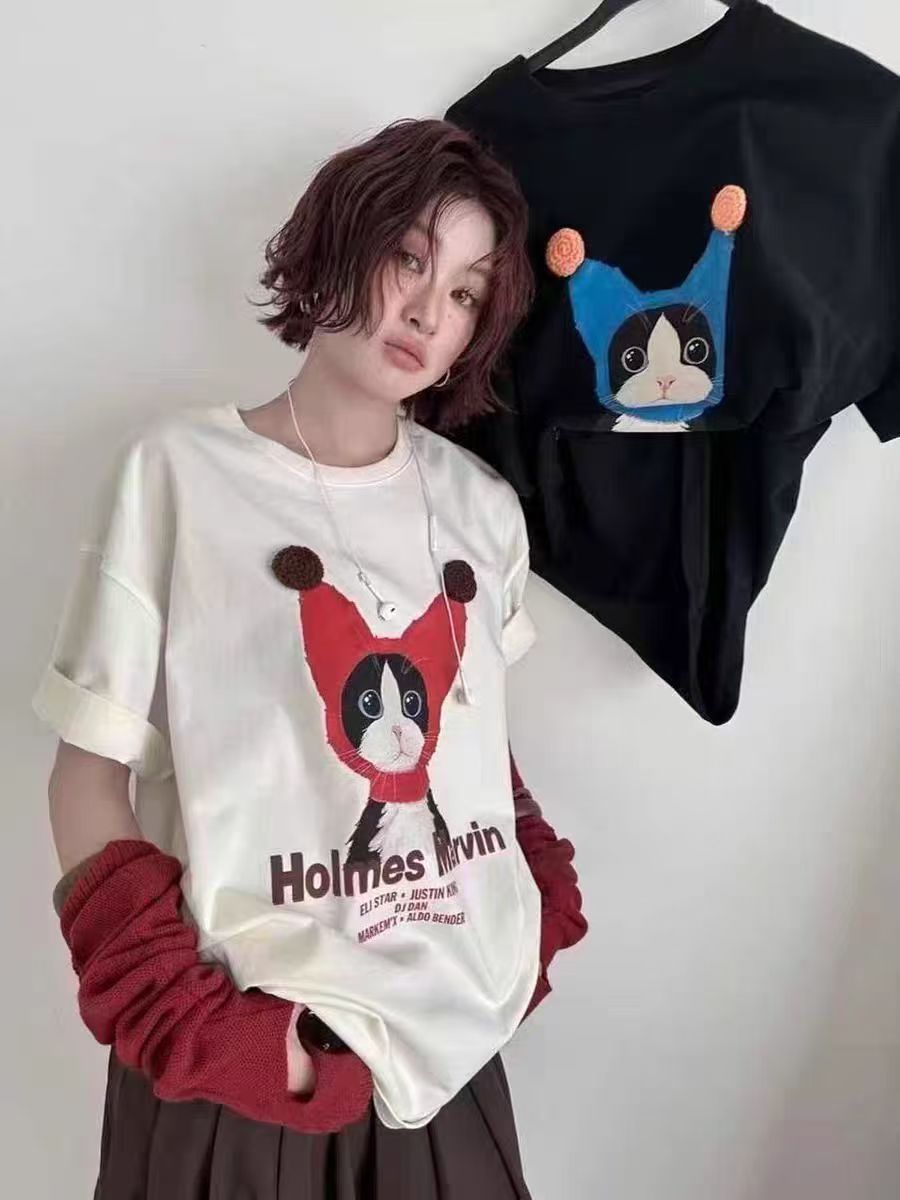 韓系純棉寬松卡通貓咪印花短袖春夏韓風T恤女鬆弛感百搭顯瘦26042501