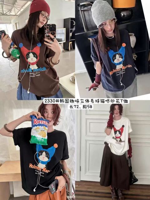 韓系純棉寬松卡通貓咪印花短袖春夏韓風T恤女鬆弛感百搭顯瘦26042501