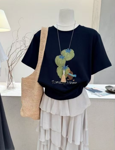 韓系休閒風卡通印花短袖T恤女夏季新款韓版寬松百搭純棉上衣26042603