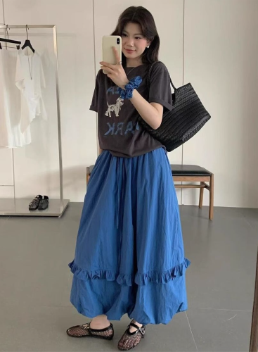 韓系夏季氛圍感狗狗短袖T恤花苞半身裙時尚兩件套裝配發圈26042604