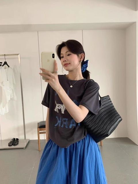 韓系夏季氛圍感狗狗短袖T恤花苞半身裙時尚兩件套裝配發圈26042604