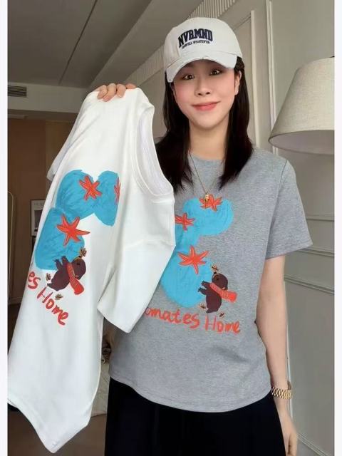 韓系休閒風卡通印花短袖T恤女夏季新款韓版寬松百搭純棉上衣26042603