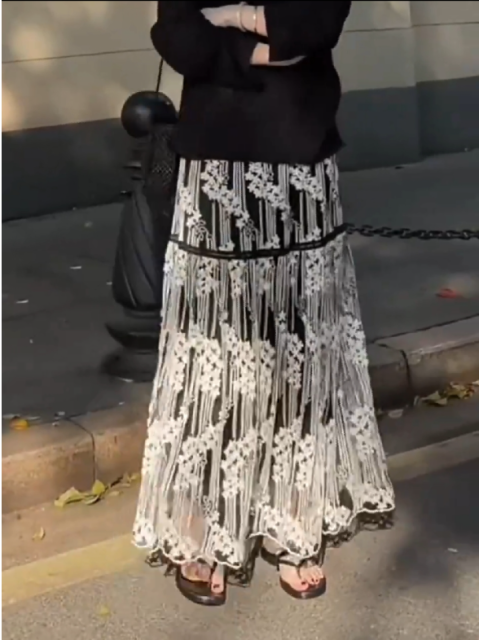 韓系夏季新款女設計感半身裙寬松顯瘦遮肉蕾絲長裙高級感優雅裙子26043005
