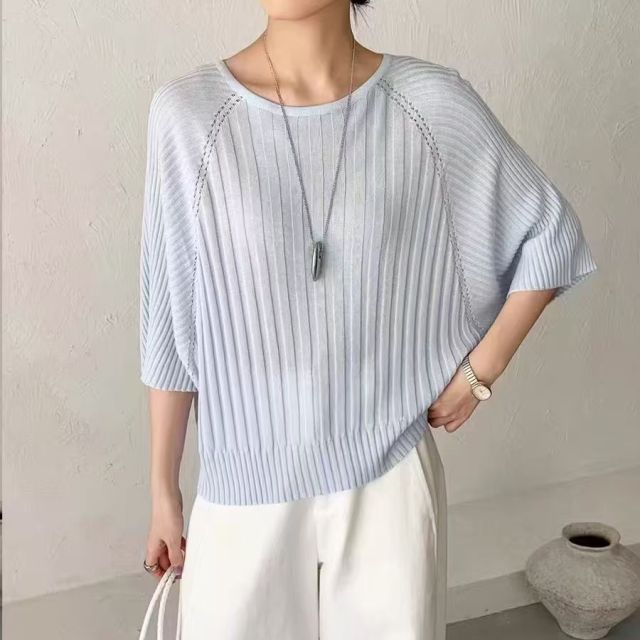 韓系鏤空條紋親膚透氣針織衫T恤女寬松圓領七分袖遮肉薄款上衣26043001