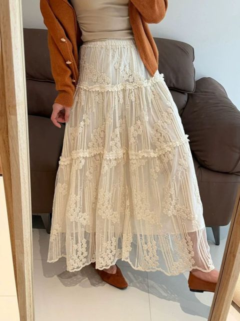 韓系夏季新款女設計感半身裙寬松顯瘦遮肉蕾絲長裙高級感優雅裙子26043005