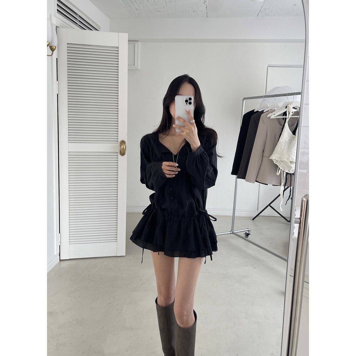 韓系甜美收腰抽繩可調節寬松大碼連衣裙长OP防曬透氣薄26052103