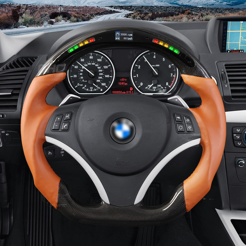 AotoKoop Heated LED Racing Shift Light Carbon Fiber Custom Steering Wheels Fit For BMW M3 E90 E92 E93 Car Steering Wheel