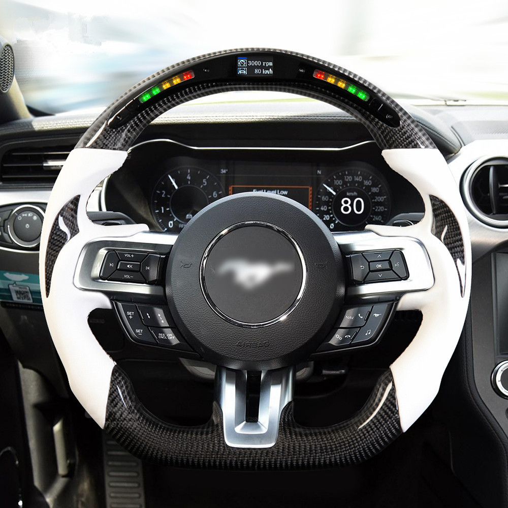 AotoKoop Fancy Design LED Shift Light Racing Real Carbon Fiber Steering Wheel, Compatible with Ford mustang GT 2020