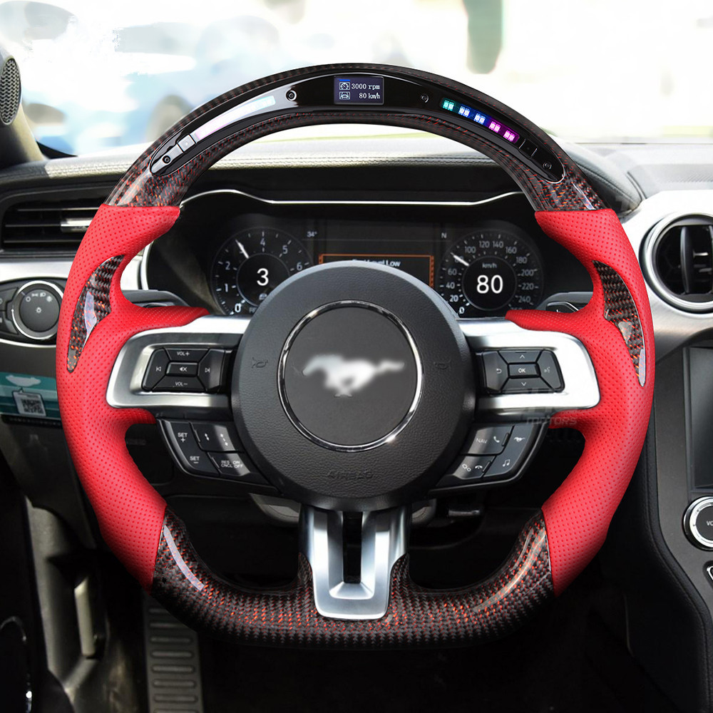AotoKoop Fancy Design LED Shift Light Racing Real Carbon Fiber Steering Wheel, Compatible with Ford mustang GT 2020