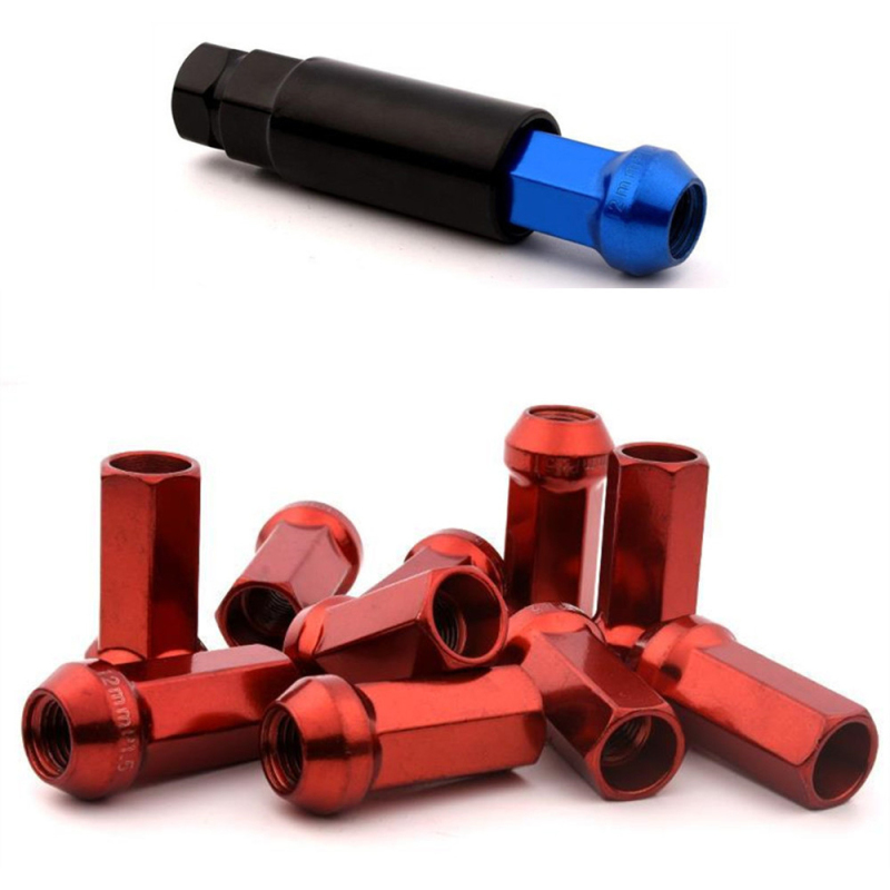 AotoKoop M12x1.5 Wheel Lug Nuts, Alloy Steel Lug Nut, Length 45mm, Open End Lug Nut Set Red - 20 Piece Set + 1 Spline Tool
