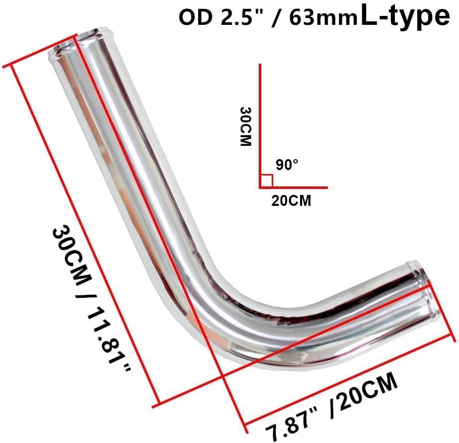 OD 2.5" (63mm) Aluminum Intercooler Pipe 90 Degree L-Bend Air Intake Tube, End to End Length 20" (500mm)