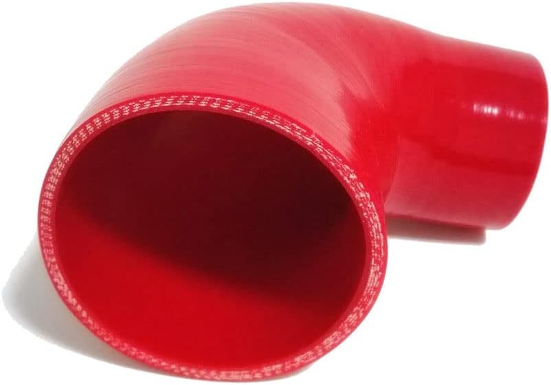 ID 2.5 to 3.5" (64mm to 89mm) Silicone Reducer 90 Degree Silicone Elbow, Leg Length 5" (125mm), 4-Ply Reinforced Wall 0.2" (5mm), with T-Bolt Clamps 2pc Red
