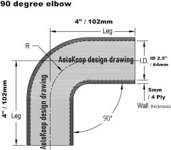 ID 2.5" (63mm) 90 Degree Elbow Silicone Coupler Hose, Leg length 4" (102mm) 4-Ply Reinforced Wall 0.2" (5mm) with T-Bolt Clamps 2pc Black