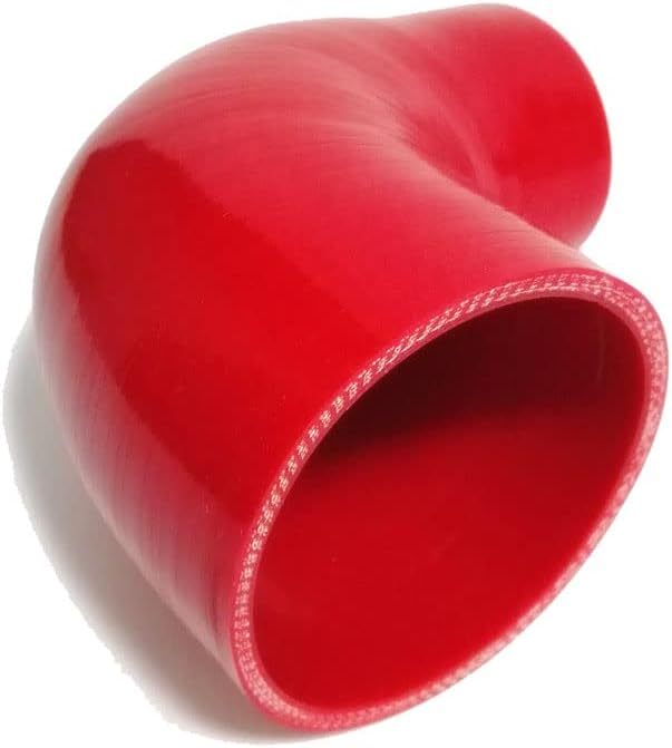 ID 2.5 to 3.5" (64mm to 89mm) Silicone Reducer 90 Degree Silicone Elbow, Leg Length 5" (125mm), 4-Ply Reinforced Wall 0.2" (5mm), with T-Bolt Clamps 2pc Red