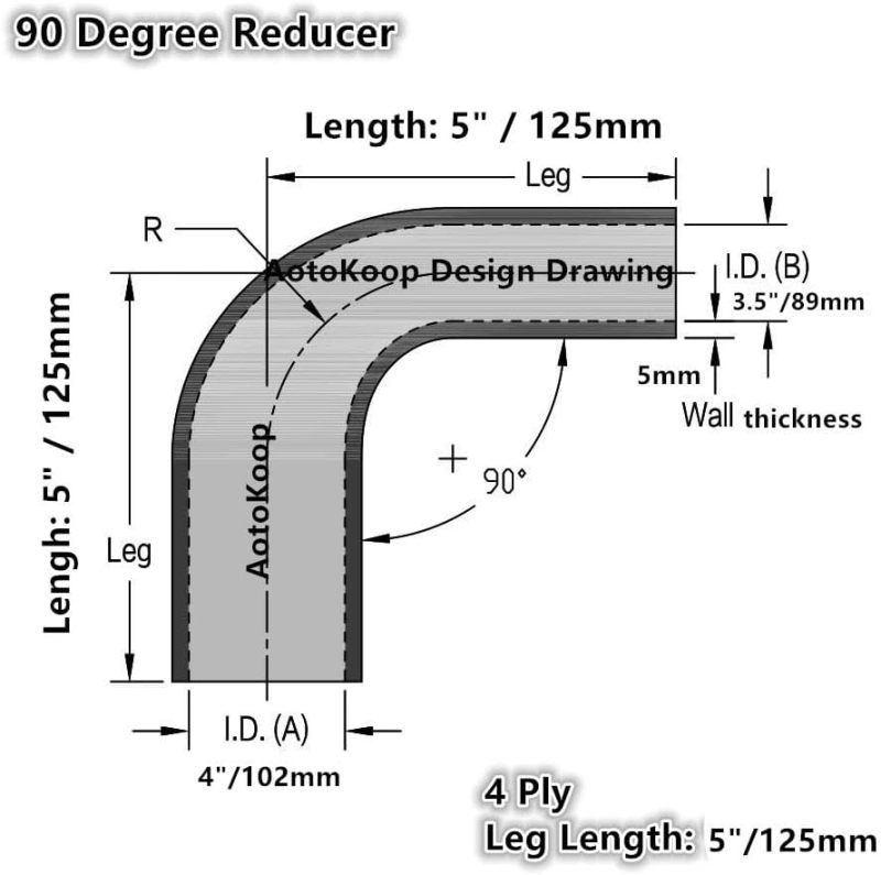 90 Degree Elbow Silicone Couple Hose ID 3.5" to 4" for 4-Ply Automotive Turbo/Intercooler/Intake Piping, Leg Length 5” (125mm) with T-Bolt Clamps 2pc-Black