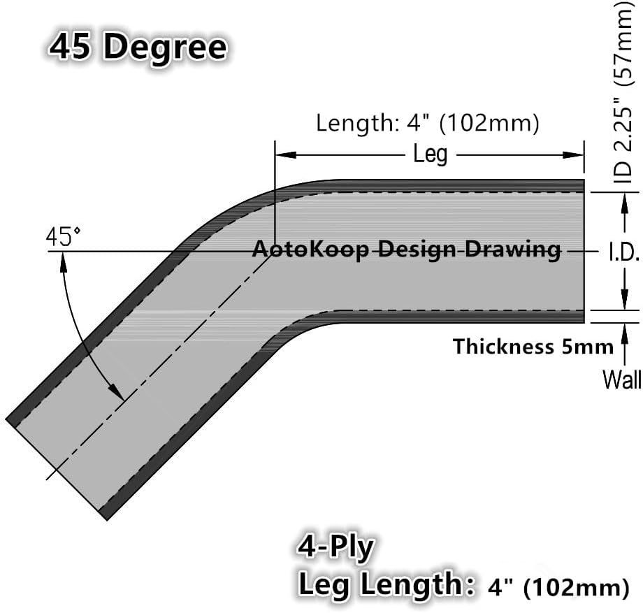 High Performance 4-Ply Universal 45 Degree Elbow Coupler Silicone Hose ID 2.25" (57mm), Leg Length 4" (102mm) with T-Bolt Clamps 2pc - Black (No Logo)