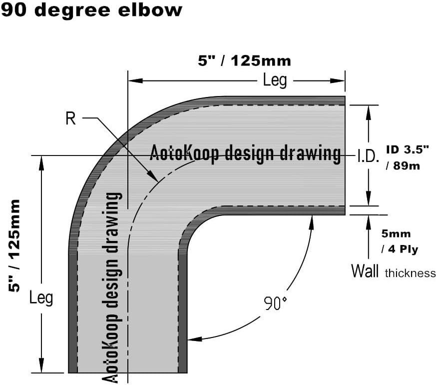 Universal 4-Ply High Performance 90 Degree Elbow Coupler Silicone Hose ID 3.5" (89mm), Leg length 5" (125mm) with T-Bolt Clamps 2pc-Red
