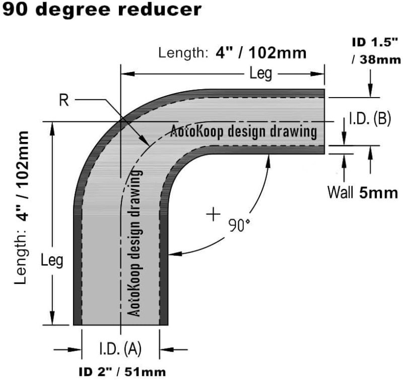 90 Degree Elbow ID 1-1/2" to 2" (38mm to 51mm) Silicone Reducer Coupler Hose, Leg Length 4" (102mm),)4-Ply High Performance Silicone with with T-Bolt Clamps 2pc