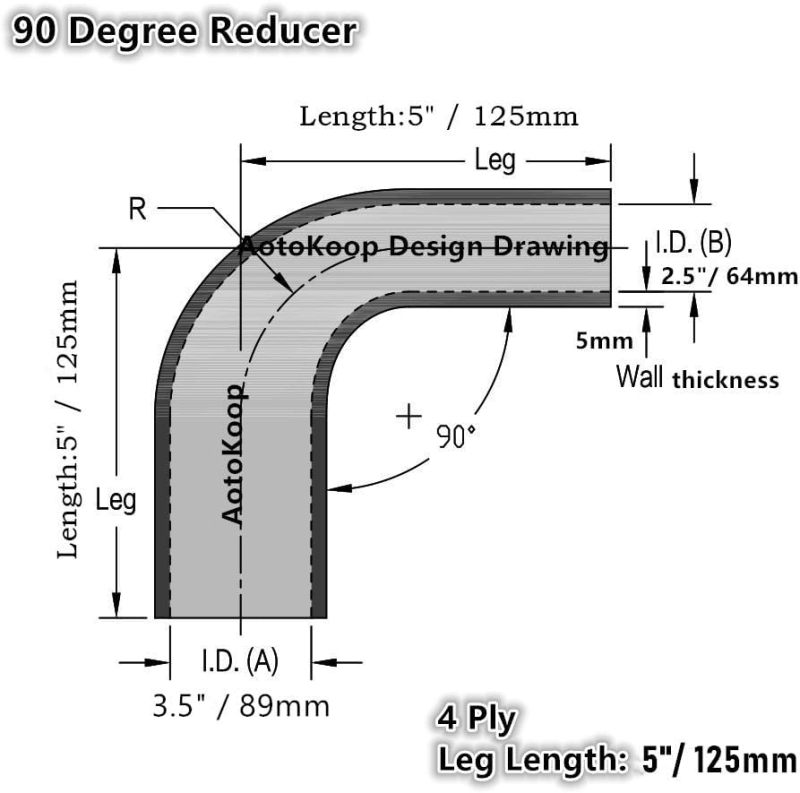 ID 2.5 to 3.5" (64mm to 89mm) Silicone Reducer 90 Degree Silicone Elbow, Leg Length 5" (125mm), 4-Ply Reinforced Wall 0.2" (5mm), with T-Bolt Clamps 2pc Red